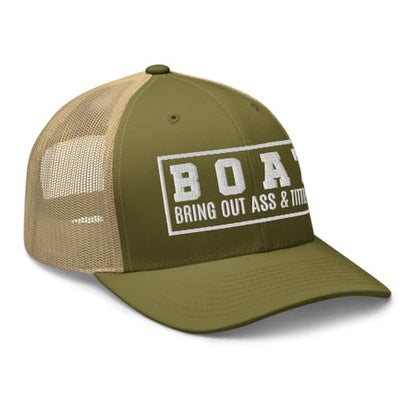 NG Boat Bring Out Ass and Titties Curved Bill Trucker Hat Mid Crown Adjustable Funny Adult Humor Cap - color: Moss/ Khaki