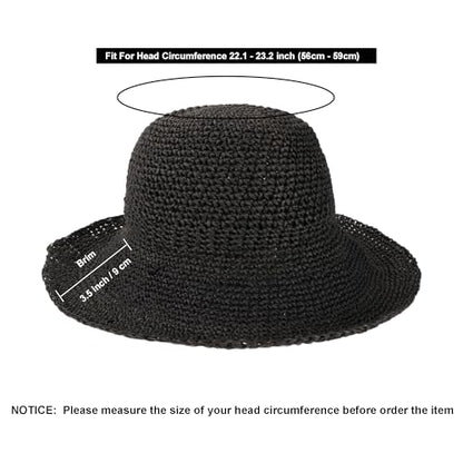 Womens Sun Hats Wide Brim Summer Beach Hat for Women Foldable Travel Straw Hat UPF50+ - color: A-black