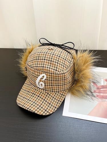 URAWOW Faux Fur Baseball Cap Women Winter Fall Grunge Aespa NINGNING Same Style Trapper Hat Plush Retro Fashion Ear Warmer - color: Houndstooth
