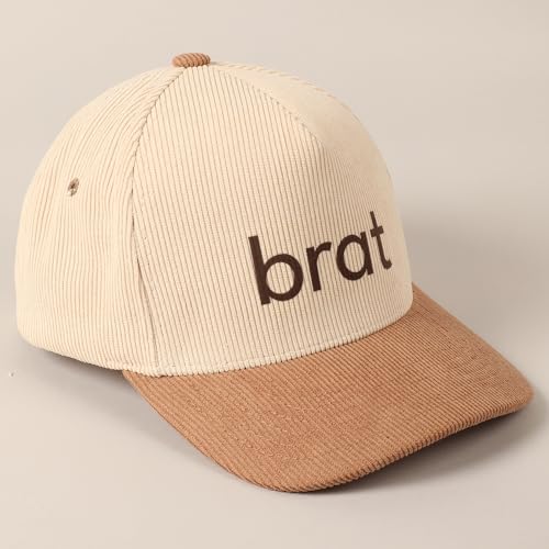 MIRMARU Vintage Novelty Heat Pressed Two-Tone Cotton Corduroy Trucker Baseball Cap for Men & Women - color: Brat,beige