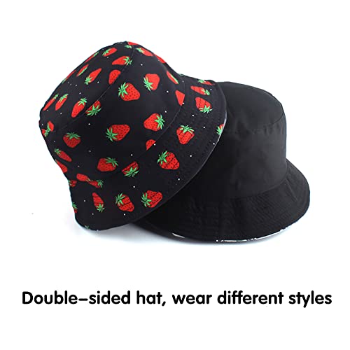 Unisex Bucket Hat Beach Sun Hat Aesthetic Fishing Hat for Men Women Teens, Reversible Double-Side-Wear - color: Strawberry Black