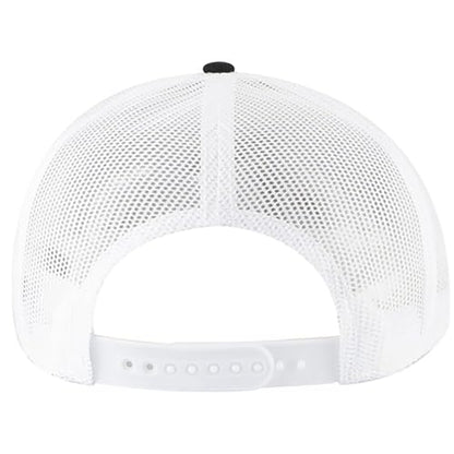 Ashen Fane 6 Panel Mid Profile Mesh Back Structured Trucker Adjustable Snapback Hat - color: Blk/Blk/Wht Ver.2