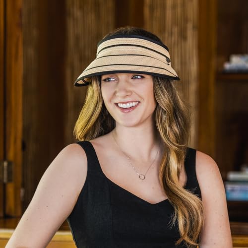Wallaroo Women’s Savannah Sun Visor - Petite (Small) or Medium, Wide Brim, Packable and Adjustable Sizing - color: Camel/Black Stripes, size: Medium