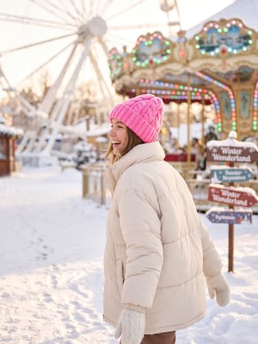 Winter Hats for Women Cable Knit Chunky Skull Cap Fleece Lined Thick Fold Cuff Beanie hat - color: Pink, style: Wheat Spike