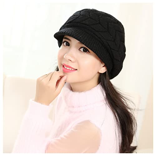 Andiker Winter Knit Hat for Women, Slouchy Beanies Cap with Brim, Warm Fleece Lined Women Thick Hat - color: Black