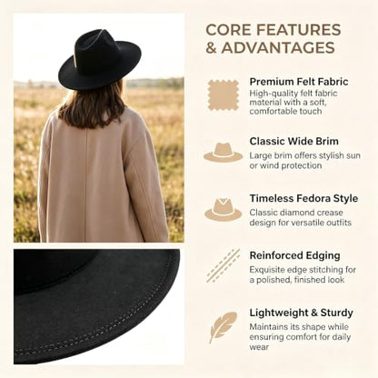 Classic Wide Brim Felt Fedora Hat for Men Women - color: Black