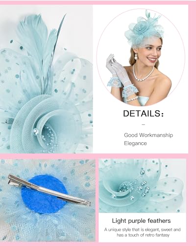 Fascinator Tea Party Hat Set for Women Elegant Vintage Accessories for High Tea Wedding Bridal Shower - color: Light Blue