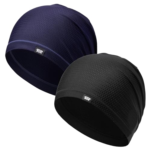 LONGLONG 2 Pack Summer Cooling Beanies Breathable Skull Caps Fits Big Heads - color: Black+navy Blue