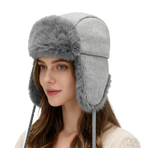 Winter Fuzzy Knit Trapper Hat with Faux Fur Earflap Fleece Lined Windproof Russian Ushanka Cap Ski Snow Hunting Hat - color: Gray