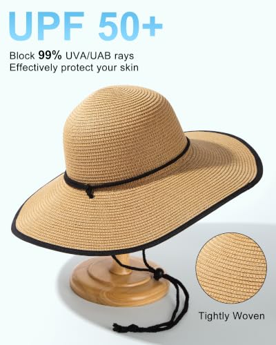 Sun Hats for Women, Summer Wide Brim Straw Beach Hat - color: Khaki Black, size: Large