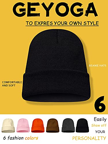 Geyoga 6 Pieces Multicolor Winter Beanie Hats Warm Knitted Cuffed Skull Cap for Adults - color: White, Pink, Dark Orange, Black, Black and Caramel
