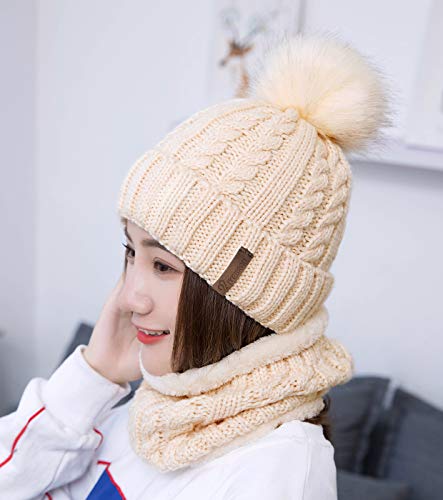 IYEBRAO Womens Winter Knit Beanie Hat and Scarf Set Girls Cute Slouchy Thick Fleece Lined Ski Hat Warm Skull Cap with Pom - color: Beige