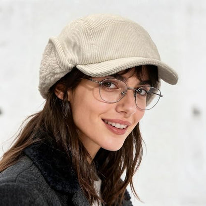 Clakllie Winter Earflaps Hat Short Brim Baseball Cap with Ear Flap Warm Trapper Hat Soft 5 Panel Style Russian Hats - color: Cdus-bsdt2501-beige