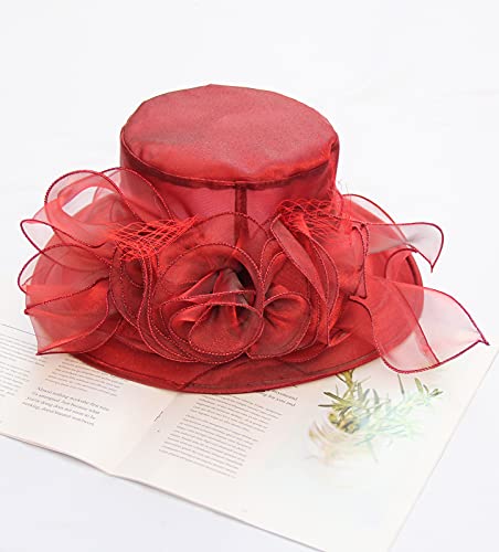 Women Derby Fascinator Hat Organza Church Wedding Hats Wide Brim Cocktail Tea Party Hat - color: 12 Burgundy