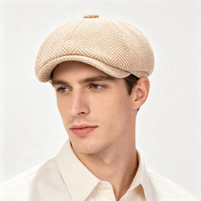 Men's Wool Newsboy Cap 8-Panel Tweed Taxi Hat Herringbone Gatsby Flat Hats - color: Khaki