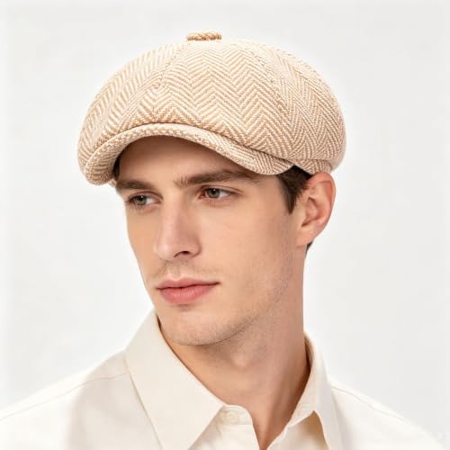 Men's Wool Newsboy Cap 8-Panel Tweed Taxi Hat Herringbone Gatsby Flat Hats - color: Khaki