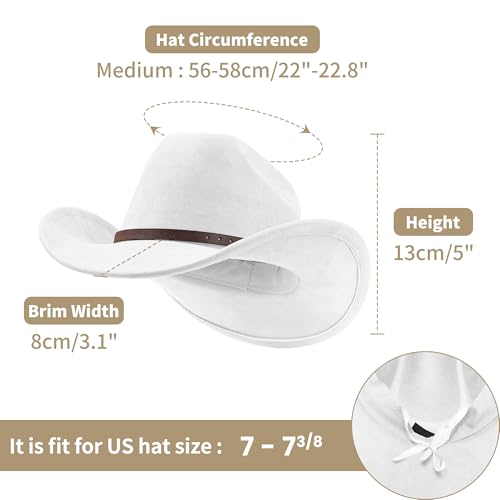 Cowboy Hats for Women and Men with Wide Brim Felt Suede Western Hats for Cowgirls and Cowboys - color: White