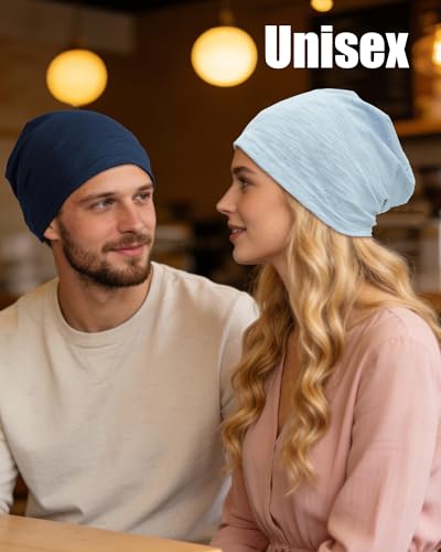 100% Cotton Thin Summer Slouchy Beanie Hat for Women Men Chemo Cap - color: 1pc Light Blue, size: Large