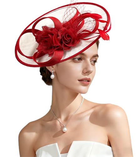 Kgromfy Fascinator Hat for Women Tea Party Hat Flat Top Church Hats Wedding Headband Vintage Lady Headwear for Derby Cocktail - color: Red