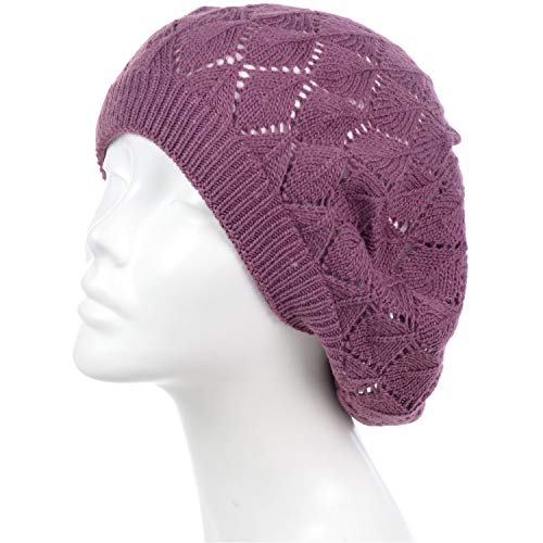 an Womens Lightweight Cut Out Knit Beanie Beret Cap Crochet Hat - Many Styles - color: 2681purple
