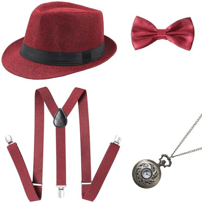 BABEYOND 1920s Mens Gatsby Gangster Accessories Set Panama Hat Suspender Bow Tie - color: Red Set