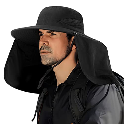 DOCVIT Fishing Hat for Men&Women,Outdoor UV Waterproof Wide Brim Bucket Hat,UPF50+ Sun Hat with Neck Flap - color: Black