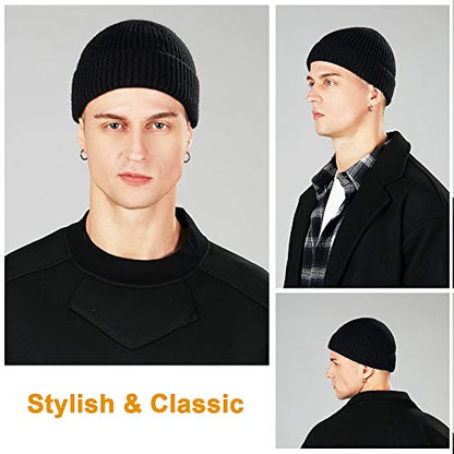 3 Pack Wool Fisherman Beanies for Men, Short Knit Watch Cap Cuffed Hats - color: F-black, Navy, Wine Red