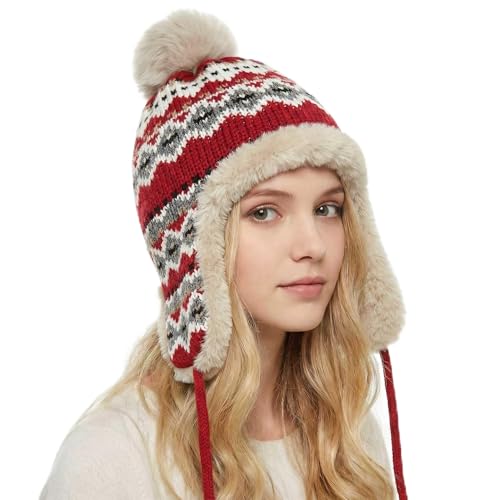 Winter Women Knit Beanie Hat Ear Flaps Trapper Hat Men Toque Warm - color: Red