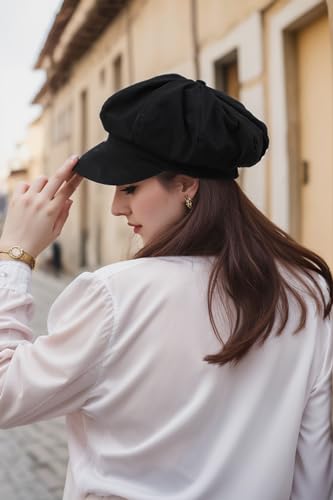 Womens Newsboy Cap Summer Beret Cap- 100% Cotton 8 Panels Vintage Cabbie Hat- Octagonal Visor Cap for Women Girls Ladies Gift - color: Black