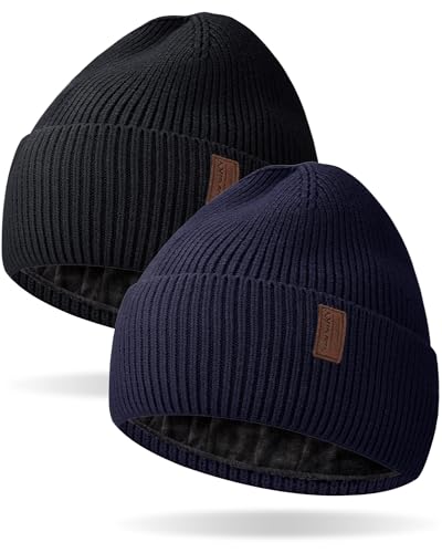 Fleece Lined Winter Beanie for Men Women Warm Windproof Beanies Hats Thick Knit Winter Hat for Cold Weather - color: Black+navy Blue