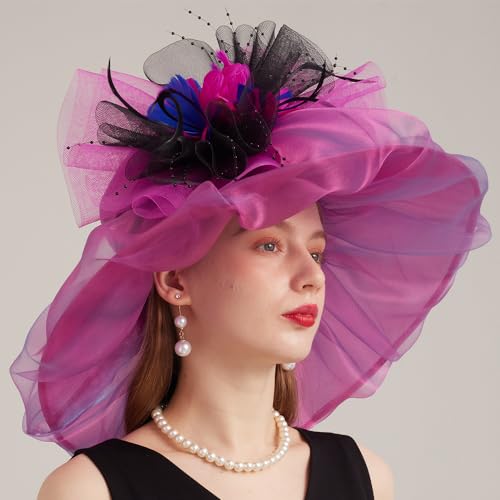 Kentucky Organza Derby Top Hats for Women Sun Visor Cap Ladies Flowers Bride Weeding Fascinators Wide Brim Fedoras - color: Rose