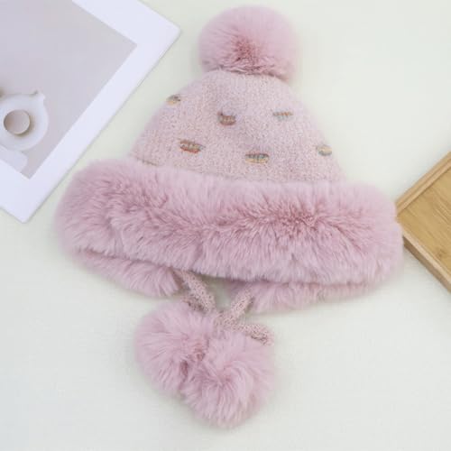 Women Winter Sherpa Beanie Hats Knit Ear Flap Hat Fleece Lined - color: Pink With 3 Pompoms
