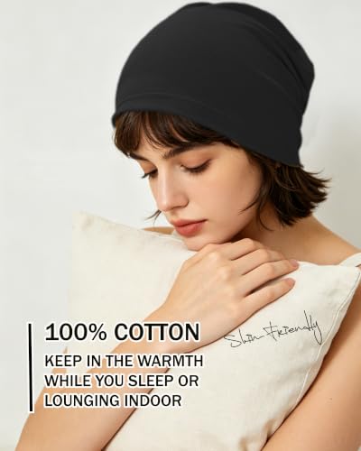 ROYBENS 100% Cotton Thin Slouchy Beanie Hat Women Men Lightweight Chemo Cap - color: 1pcs-black
