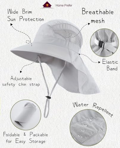 Home Prefer UPF50 Wide Brim Kids Sun Hat Neck Flap Boys Girls Sun Protection Hat for Beach Fishing - color: Light Grey, size: 2-4T