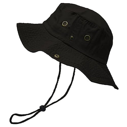 Glory Max Washed Cotton Bucket Hat with Chin Strap Fishing Sun Safari Boonie Cap - color: Black, size: Small-Medium