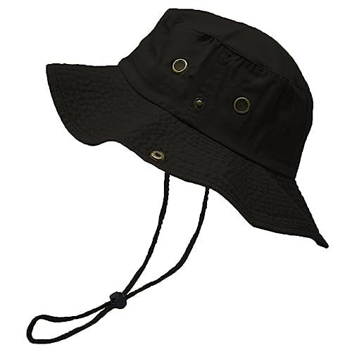 Glory Max Washed Cotton Bucket Hat with Chin Strap Fishing Sun Safari Boonie Cap - color: Black, size: Large-X-Large