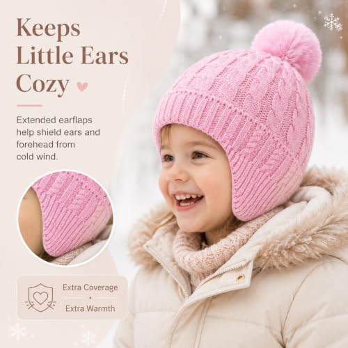 Toddler Baby Winter Hat with Earflap Kids Warm Twisted Knit Hat Infant Pom Pom Beanie Ski Cap for Baby Girls Boys - color: Pink, size: 2-6 Years