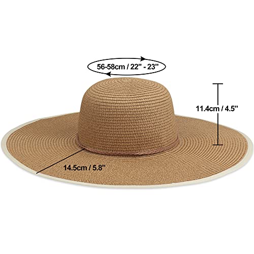 Women Wide Brim Sun Hat UPF50 Straw Summer Hat Floppy Beach Hat Roll-Up - color: Tie Brown