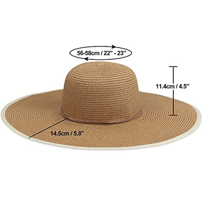 Women Wide Brim Sun Hat UPF50 Straw Summer Hat Floppy Beach Hat Roll-Up - color: Tie Brown