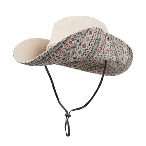 Womens Wide Brim Floral Summer Sun Hat UPF 50+ Ethnic Style Foldable Floppy Sun Protection Travel Beach Bucket Hat - color: Beige