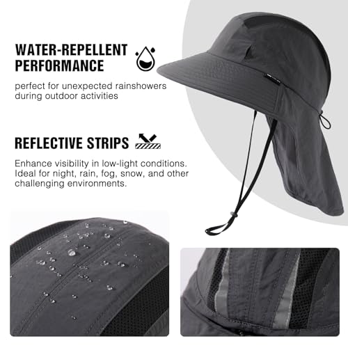 TOP-EX Wide Brim Sun Hat for Men Women with Neck Flap & Sunglass Lock - color: Dark Grey, size: Medium-Large