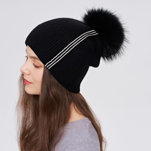 Women's Knitted Angora Wool Hat for Autumn and Winter Warm and Stylish with Rolled Brim and Slanted Rhinestones Cap - color: A-black
