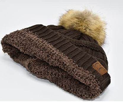 C.C Trendy Fuzzy Fleece Lined Warm Comfortable Soft Stretch Cable Knit Ribbed Faux Fur Pom Pom Beanie Hat - color: Brown