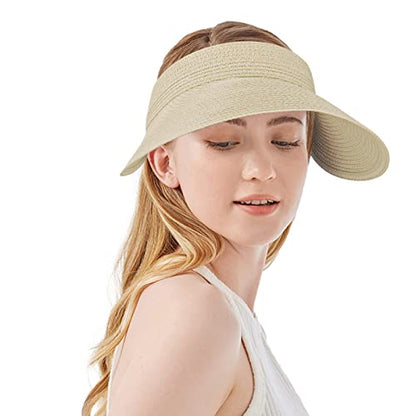 Women Summer Sun Hat Lady's Portable Beach Visor Bowknot Straw Hat - color: Beige 6