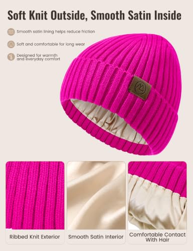 Durio Unisex Silk Lined Beanie Double Layered Winter Hats - color: Hot Pink