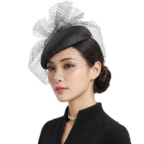 Women's Fascinators Vintage Sinamay Hat Base 20s 50s Teardrop Pillbox Hat with Veil Clip Ladies Church Derby Hats - color: Black