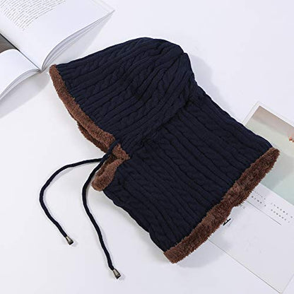 HUAMULAN Women Winter Knit Balaclava Fleece Lined Hooded Beanie Hats - color: Navy, size: Medium