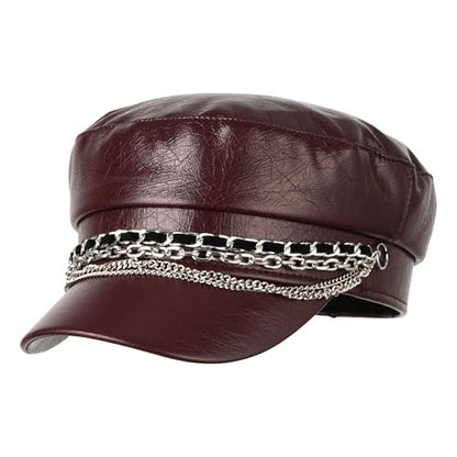 Women Metal Chain Flat Top PU Leather Newsboy Paperboy Hat Painter Cap - color: Chains Brown Red
