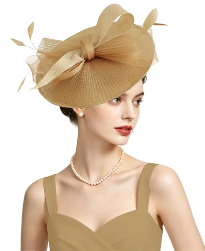 Kidukso Fascinators Hats for Women Derby Hats Tea Party Hat Mesh Headwear with Feather for Church Cocktail Wedding - color: Khaki