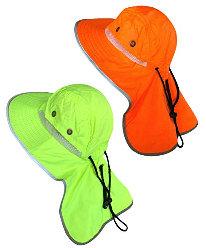 Men High Visibility Sun Hat with Neck Flap Wide Brim Boonie Hat Bucket Cap Packable Adjustable - color: 2pcs (Orange+lime)